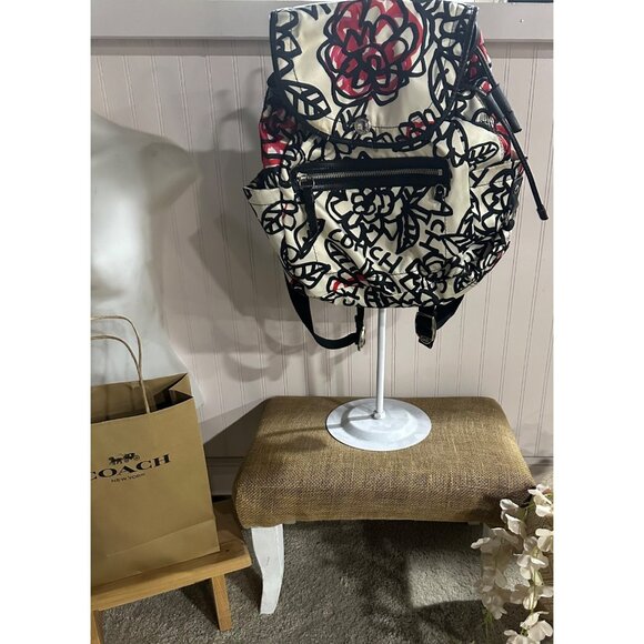 Coach Poppy Floral Black Red Backpack Print Front Zipper Adjustable Straps - Picture 14 of 15